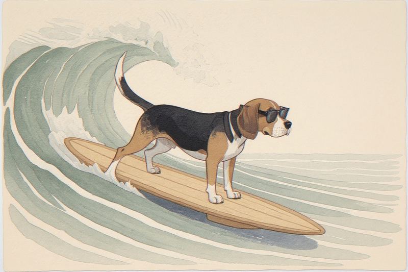 Beagle Surfing Print — room mockup