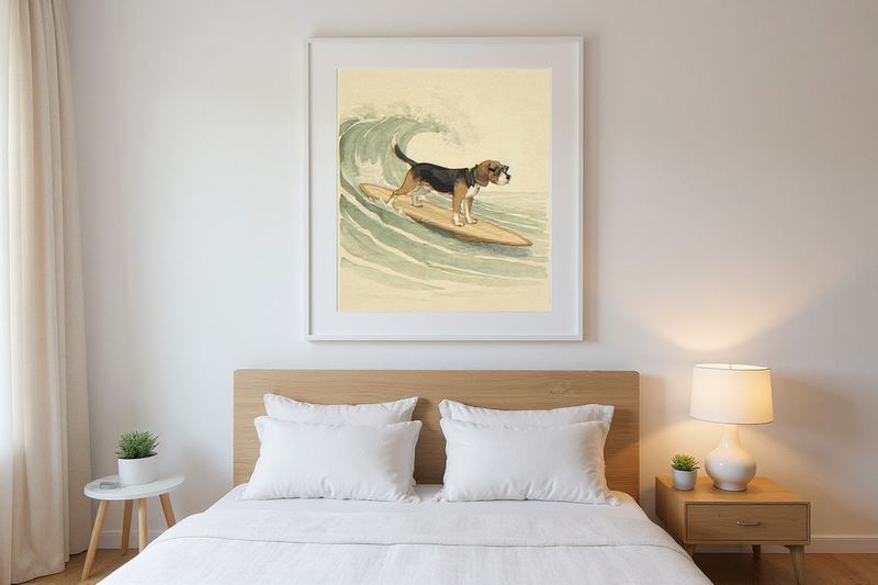 Beagle Surfing Print — room mockup