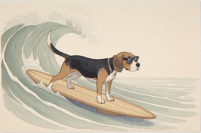 Beagle Surfing Print — room mockup