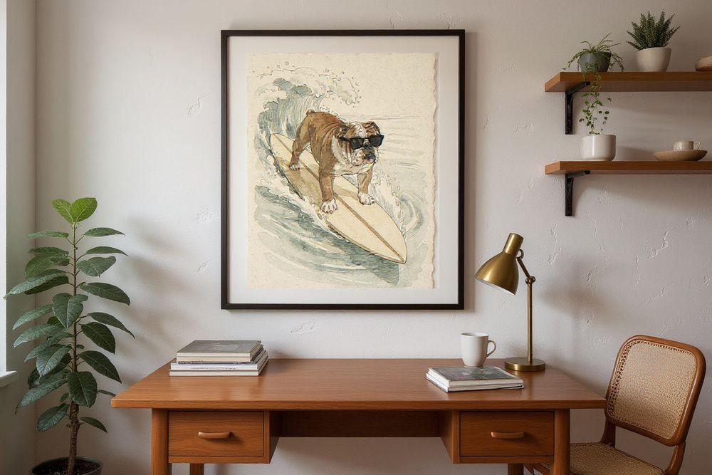 Bulldog Surfing Print — room mockup