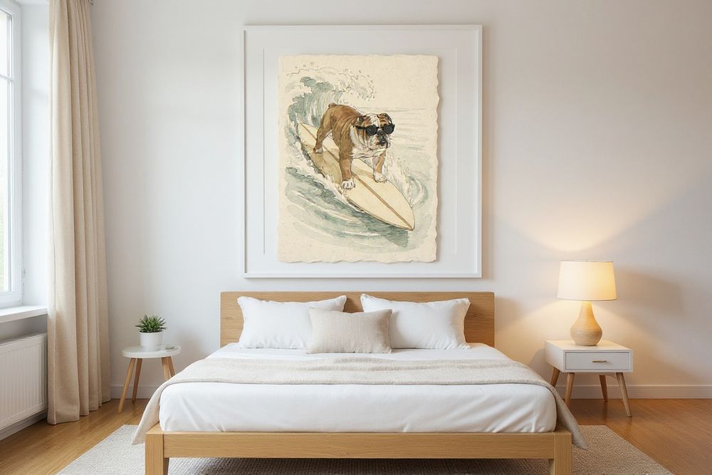 Bulldog Surfing Print — room mockup