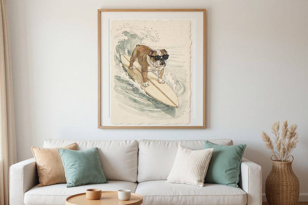 Bulldog Surfing Print — room mockup