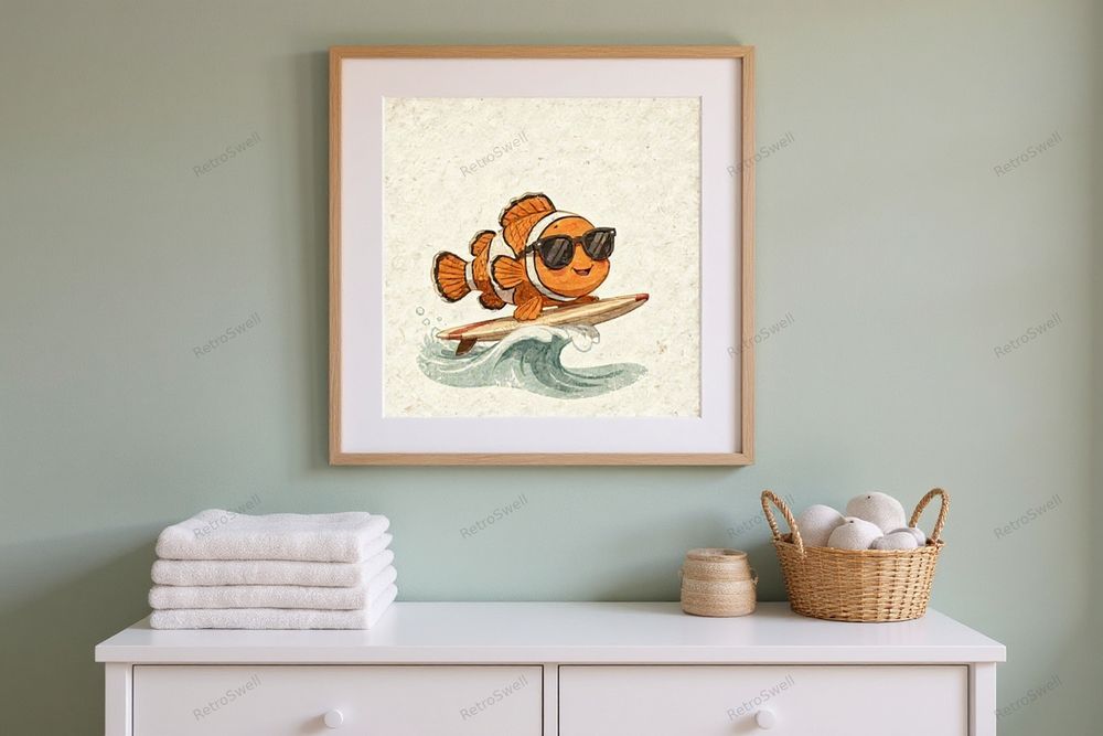 Clownfish Surfing Art Print — room mockup
