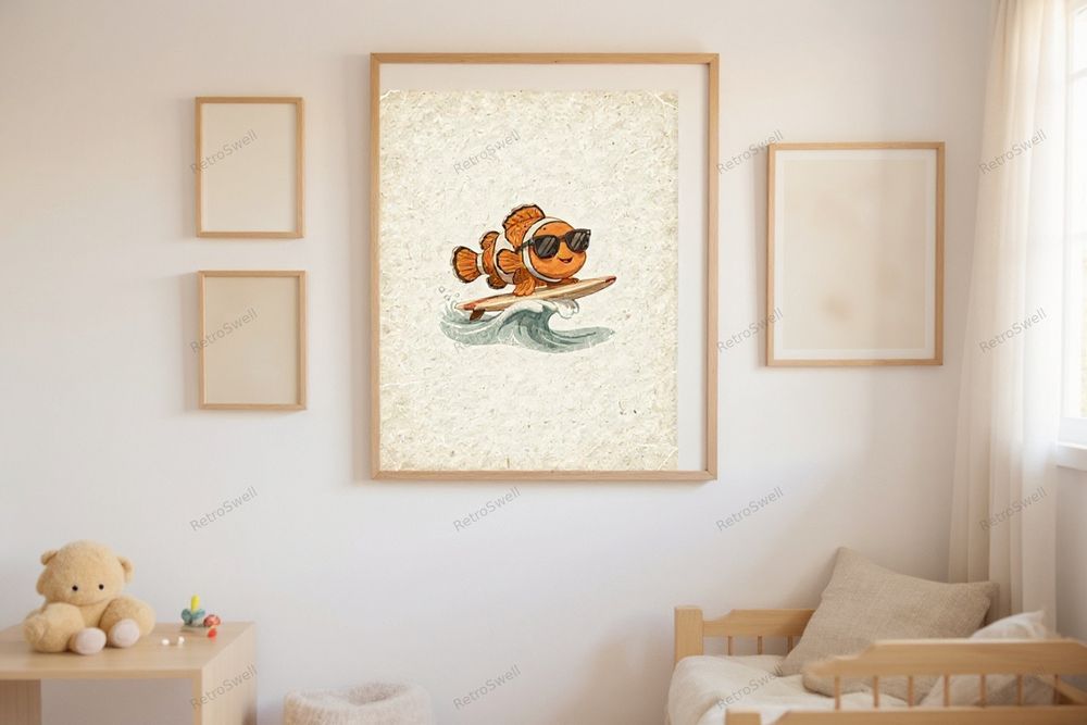 Clownfish Surfing Art Print — room mockup