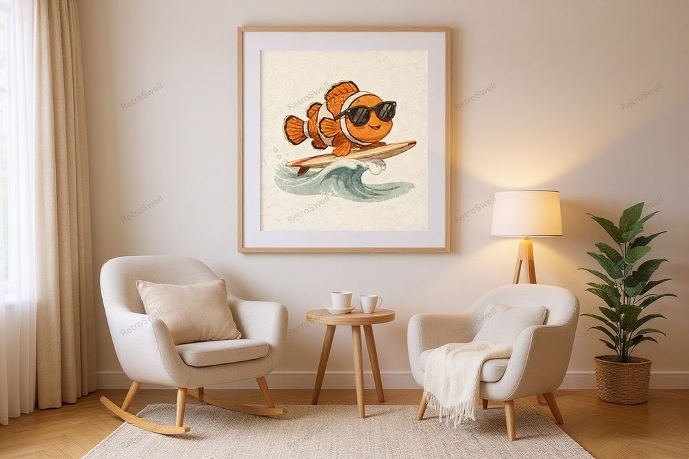 Clownfish Surfing Art Print — room mockup