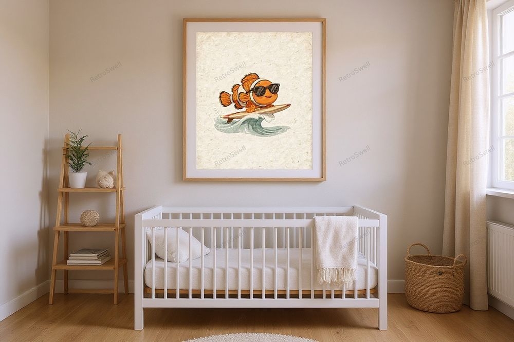 Clownfish Surfing Art Print — room mockup
