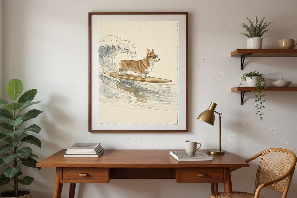 Corgi Surfing Print — room mockup