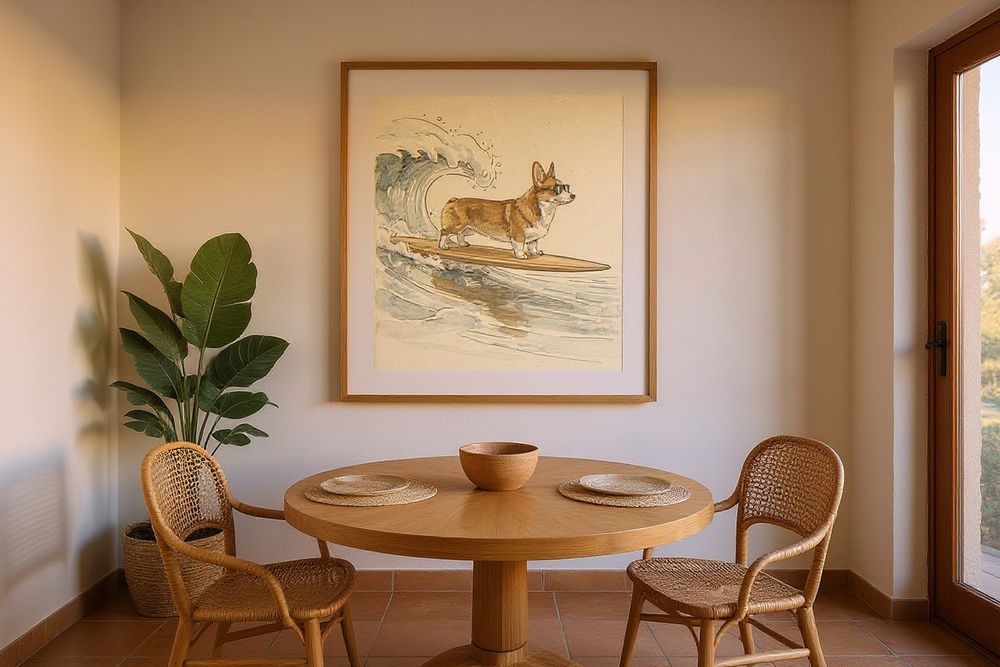 Corgi Surfing Print — room mockup