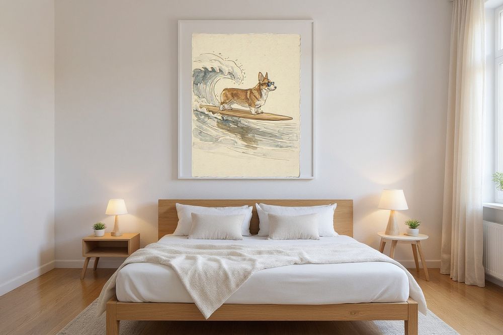 Corgi Surfing Print — room mockup