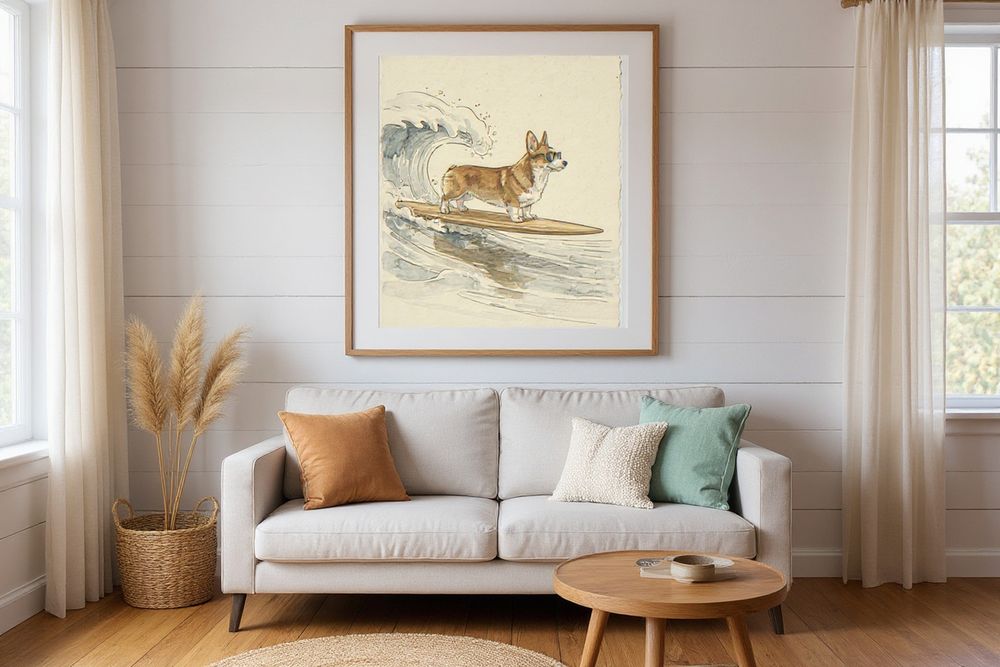 Corgi Surfing Print — room mockup