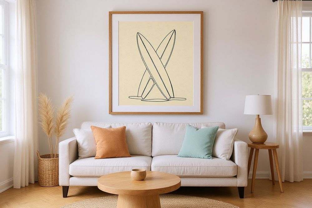 Crossed Surfboards Line Art — room mockup