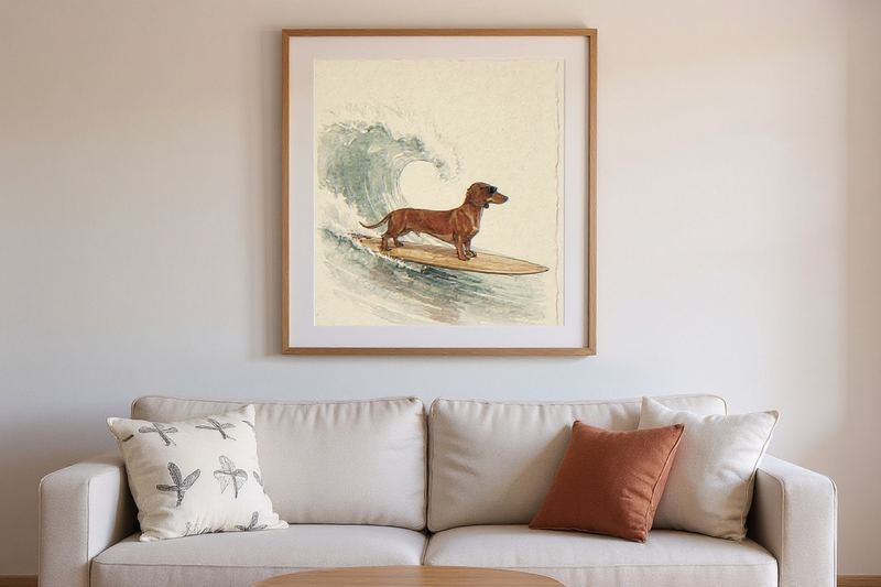 Dachshund Surfing Print — room mockup