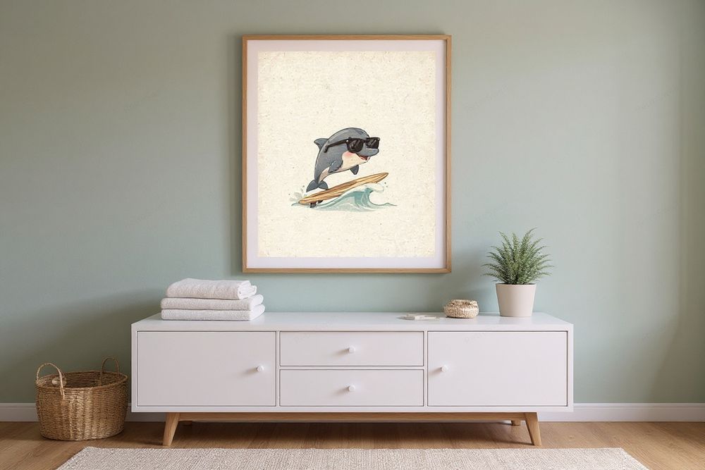Dolphin Surfing Art Print — room mockup