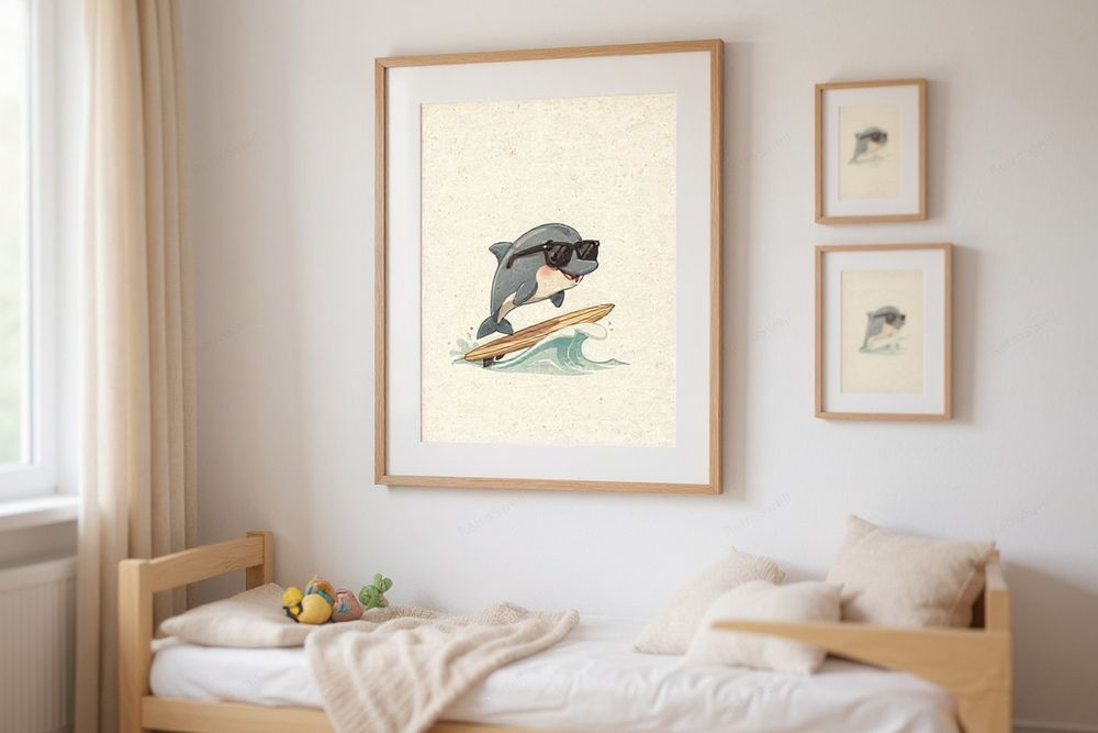 Dolphin Surfing Art Print — room mockup