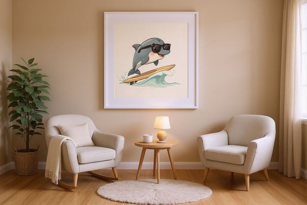 Dolphin Surfing Art Print — room mockup