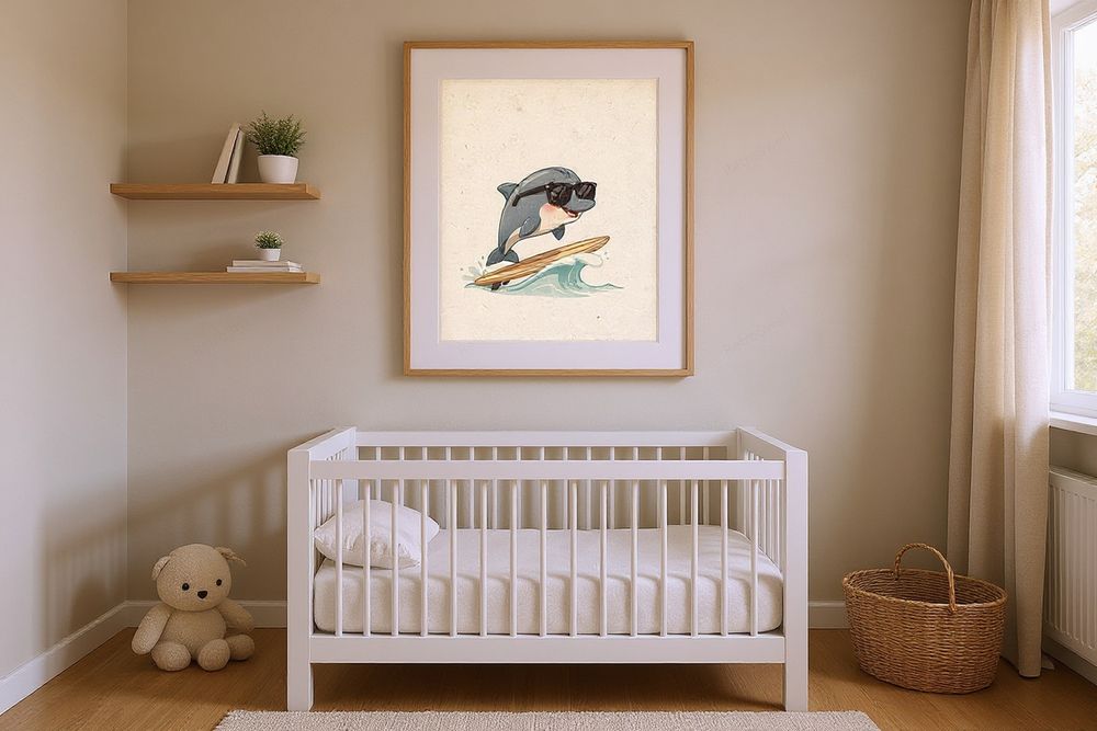Dolphin Surfing Art Print — room mockup