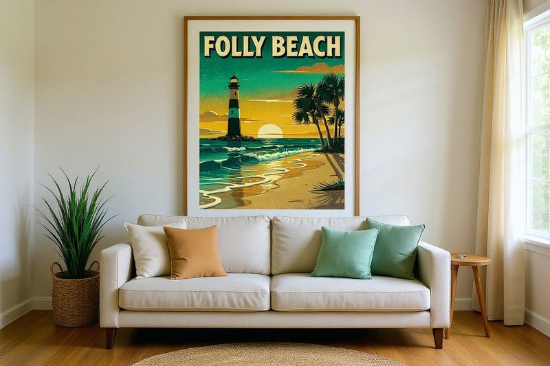 Folly Beach Surf Poster — room mockup