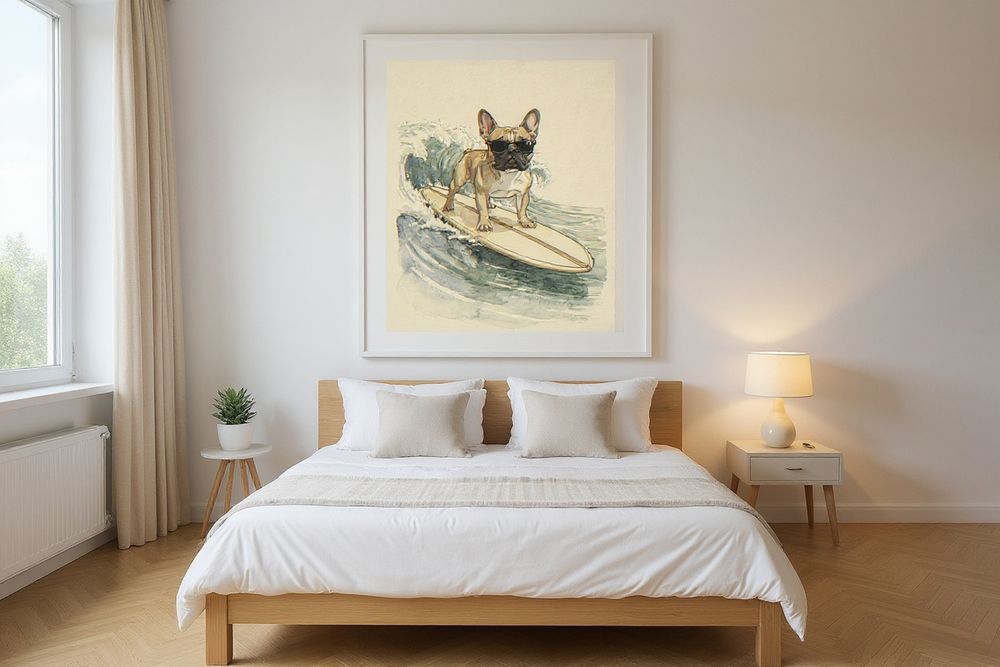 French Bulldog Surfing Print — room mockup