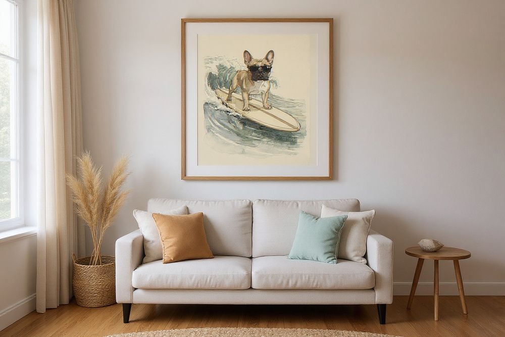 French Bulldog Surfing Print — room mockup