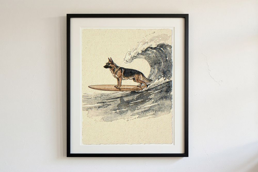 German Shepherd Surfing Print — room mockup