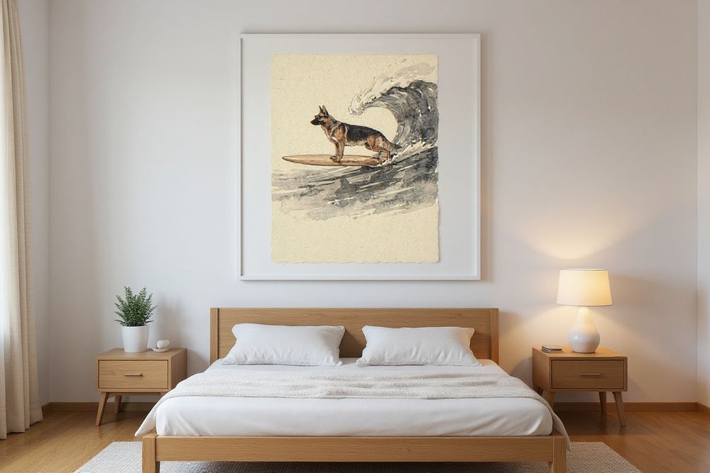 German Shepherd Surfing Print — room mockup