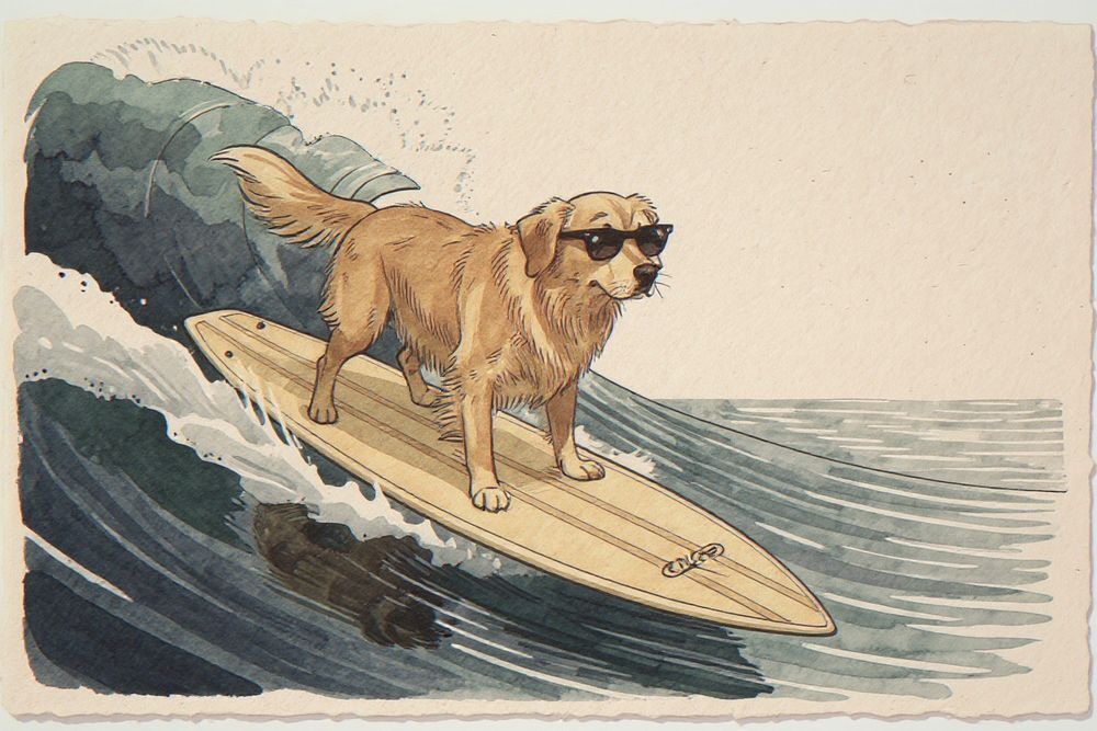Golden Retriever Surfing Print — room mockup