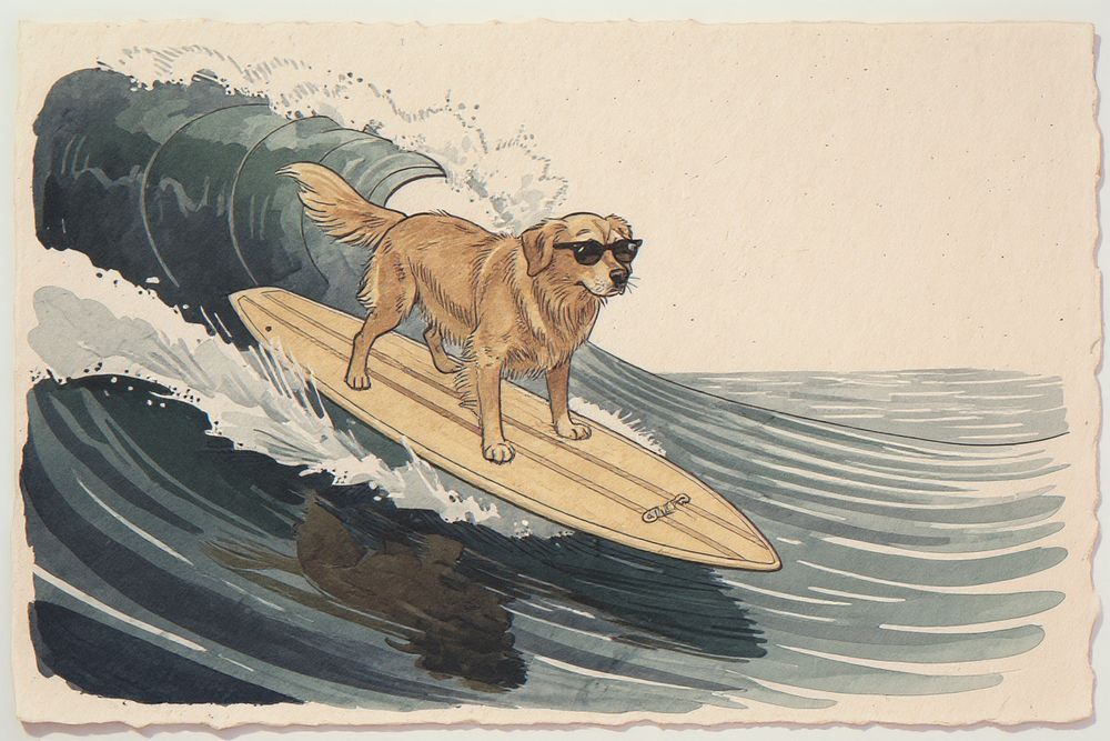 Golden Retriever Surfing Print — room mockup