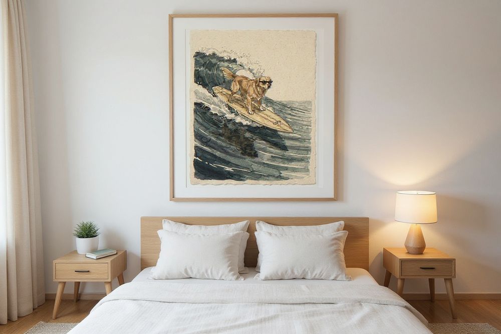 Golden Retriever Surfing Print — room mockup