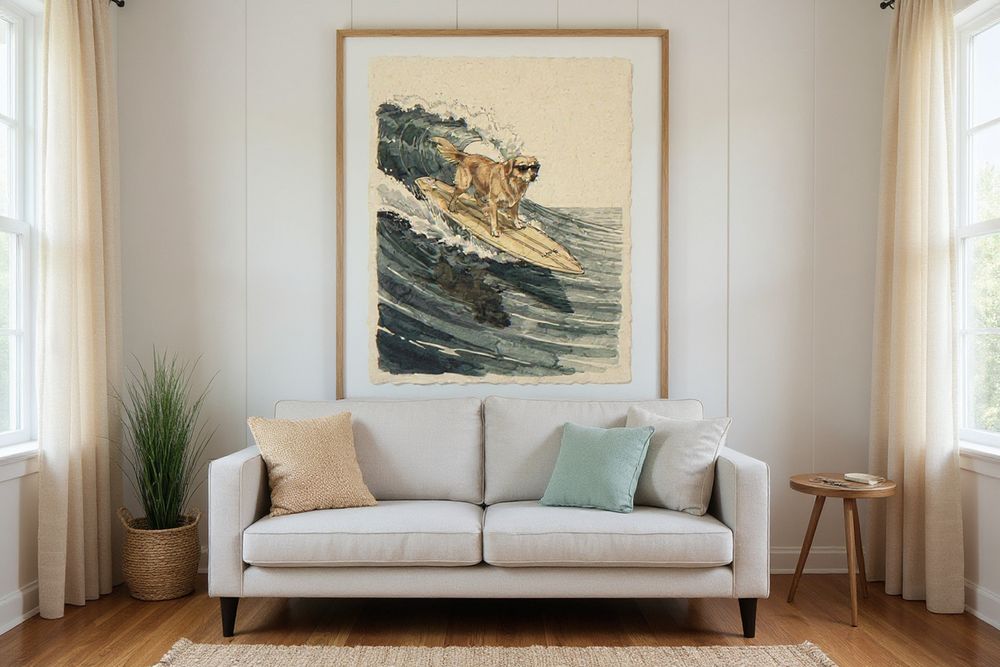 Golden Retriever Surfing Print — room mockup