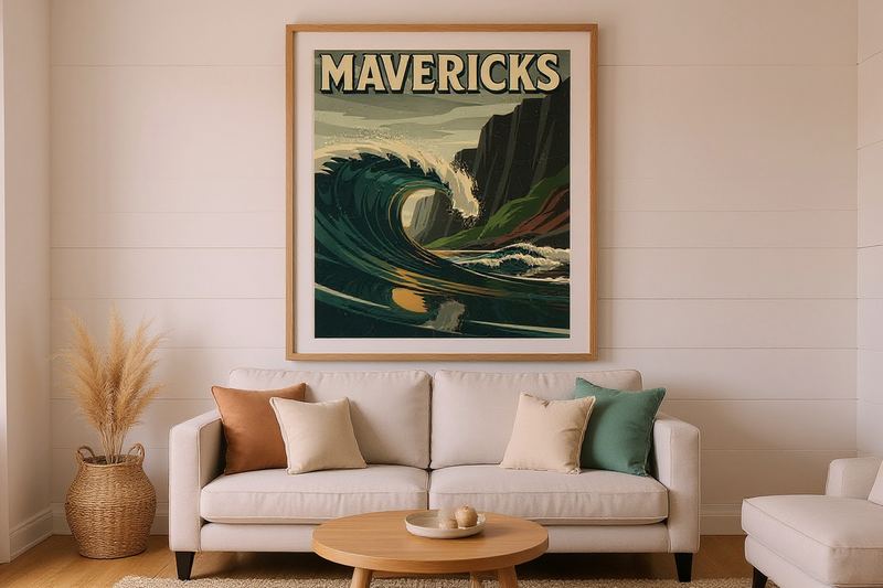 Mavericks Surf Poster — room mockup