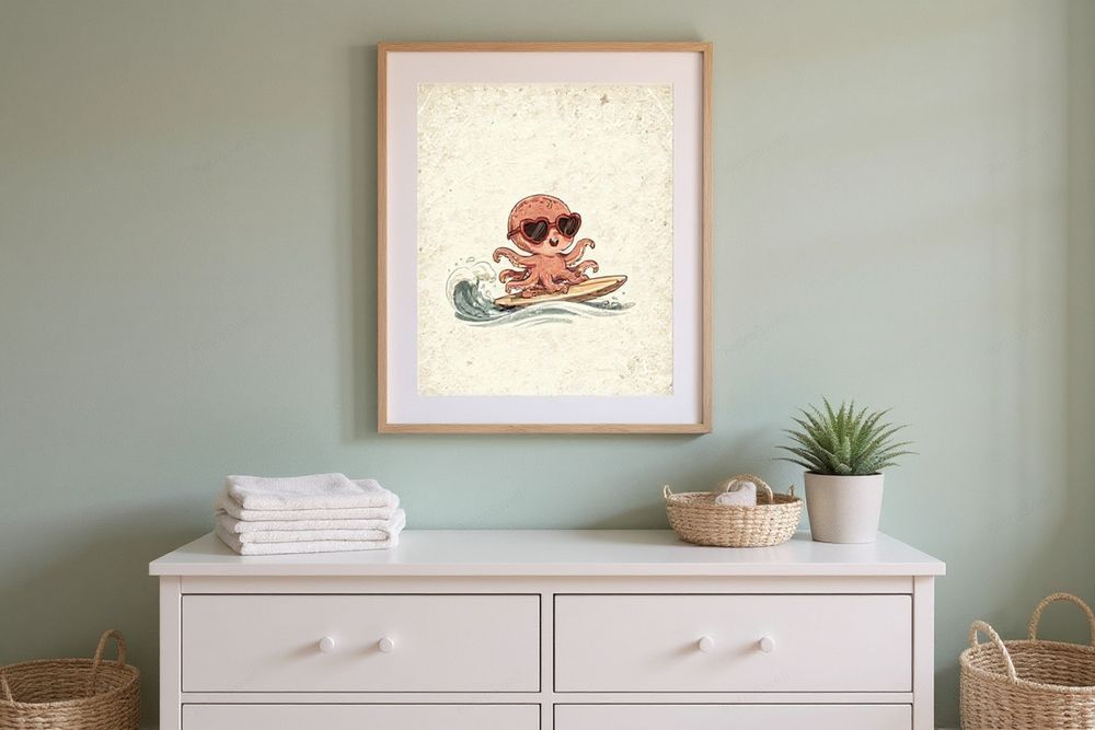 Octopus Surfing Art Print — room mockup