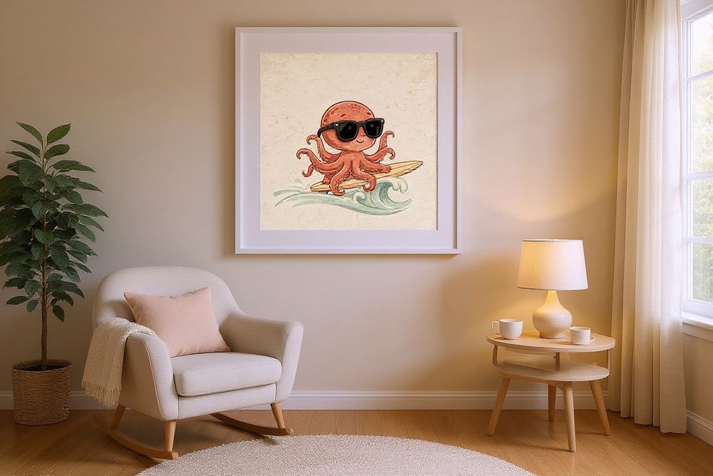 Octopus Surfing Art Print — room mockup