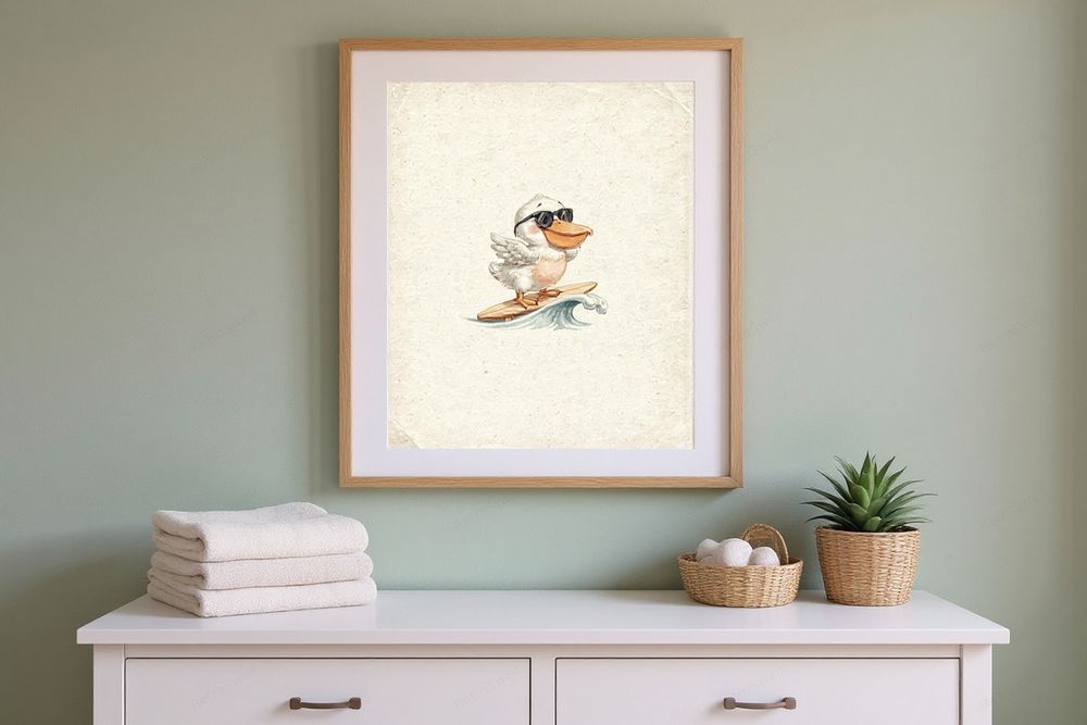 Pelican Surfing Art Print — room mockup