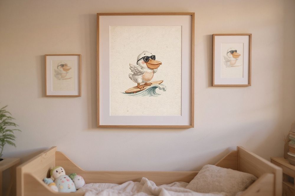 Pelican Surfing Art Print — room mockup