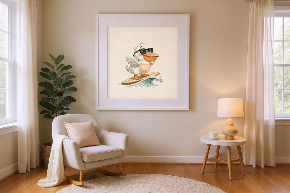 Pelican Surfing Art Print — room mockup