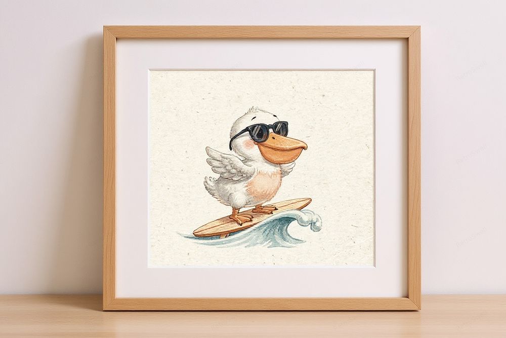 Pelican Surfing Art Print — room mockup