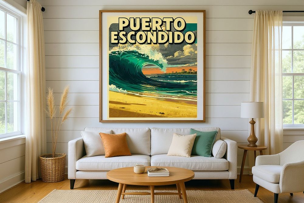 Puerto Escondido Mexico Surf Poster — room mockup