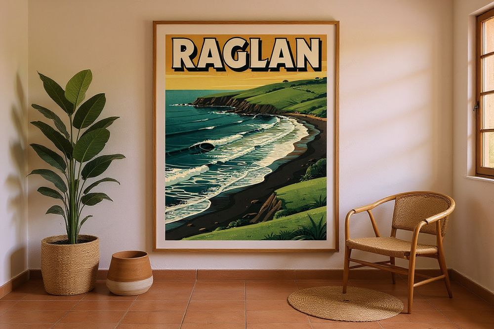 Raglan New Zealand Surf Poster — room mockup