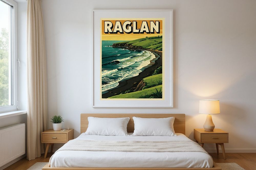Raglan New Zealand Surf Poster — room mockup