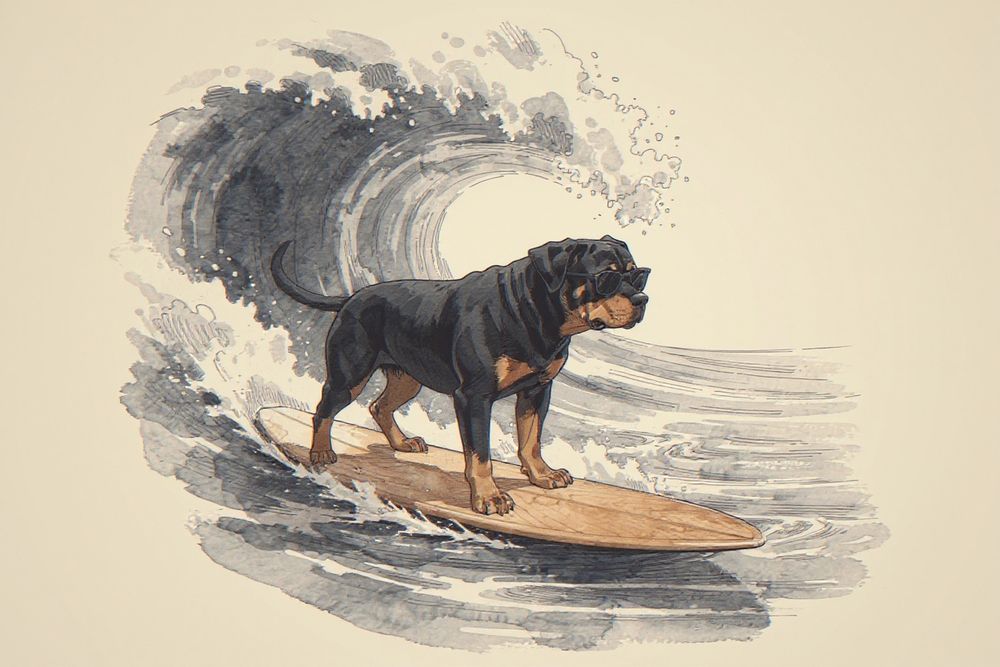 Rottweiler Surfing Print — room mockup