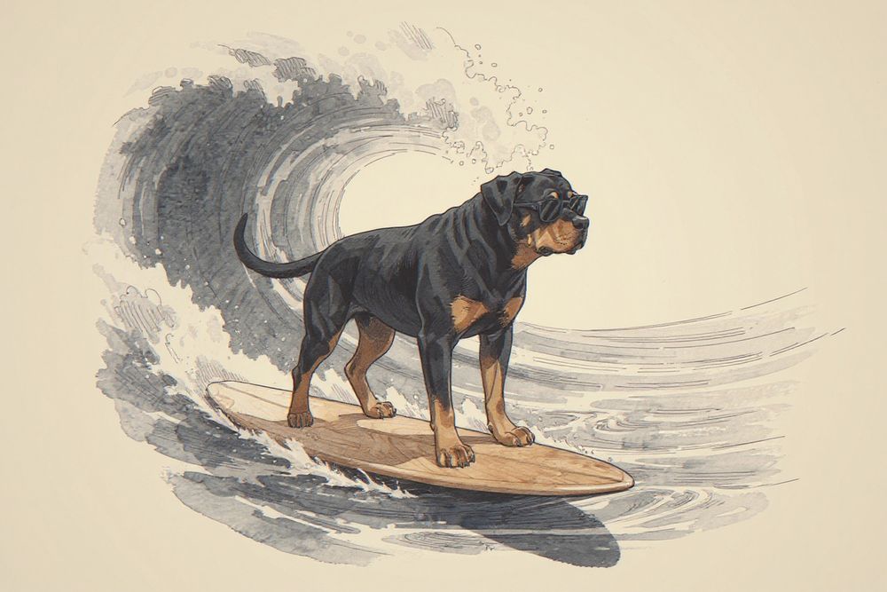 Rottweiler Surfing Print — room mockup