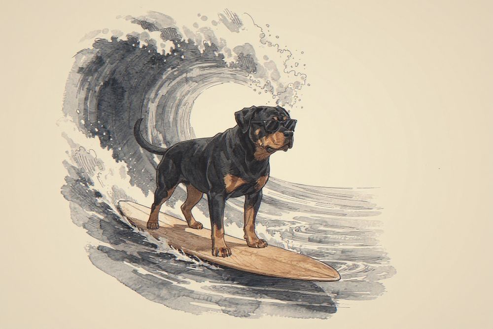 Rottweiler Surfing Print — room mockup