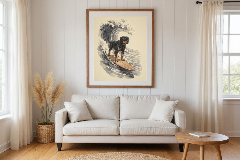 Rottweiler Surfing Print — room mockup