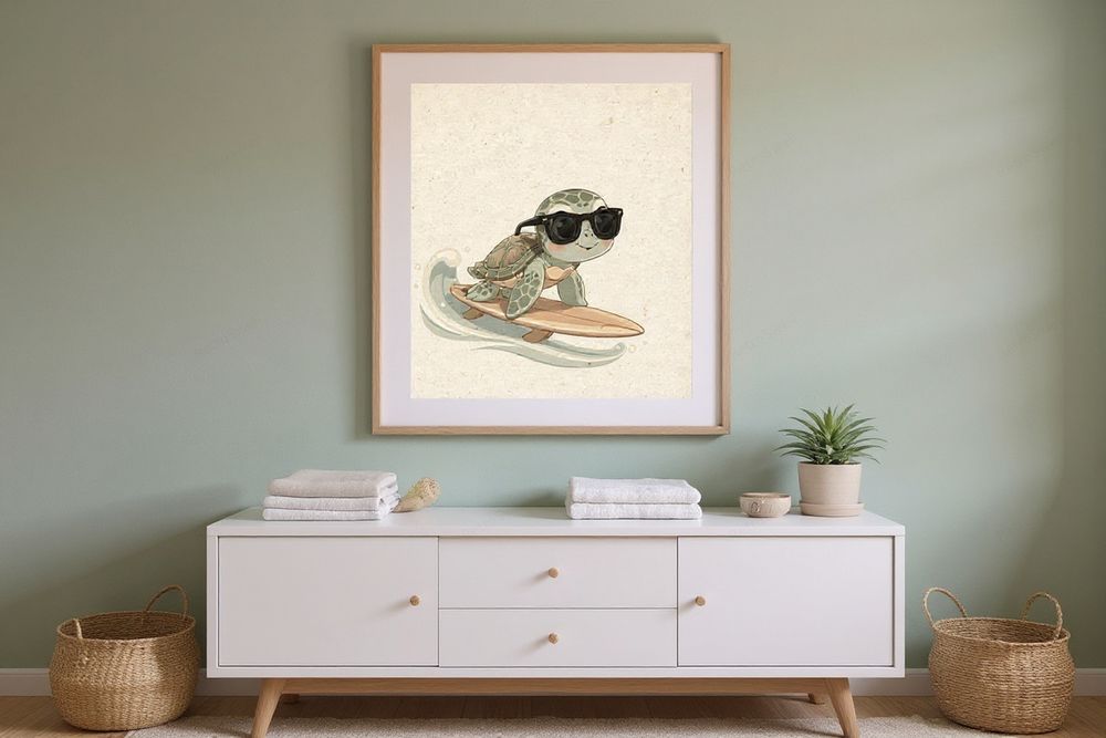 Sea Turtle Surfing Print — room mockup