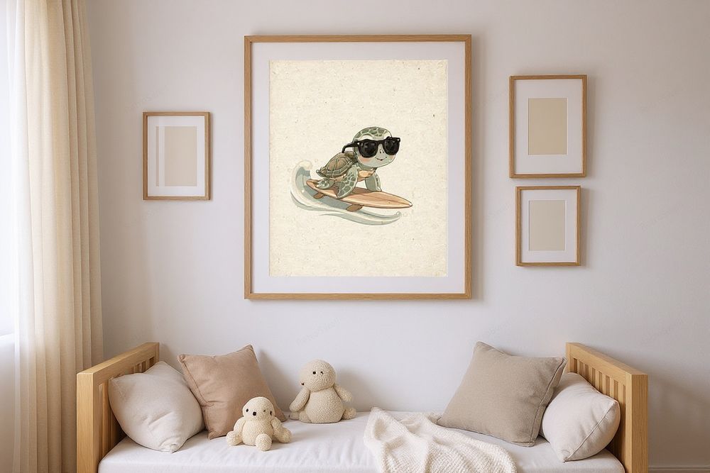 Sea Turtle Surfing Print — room mockup