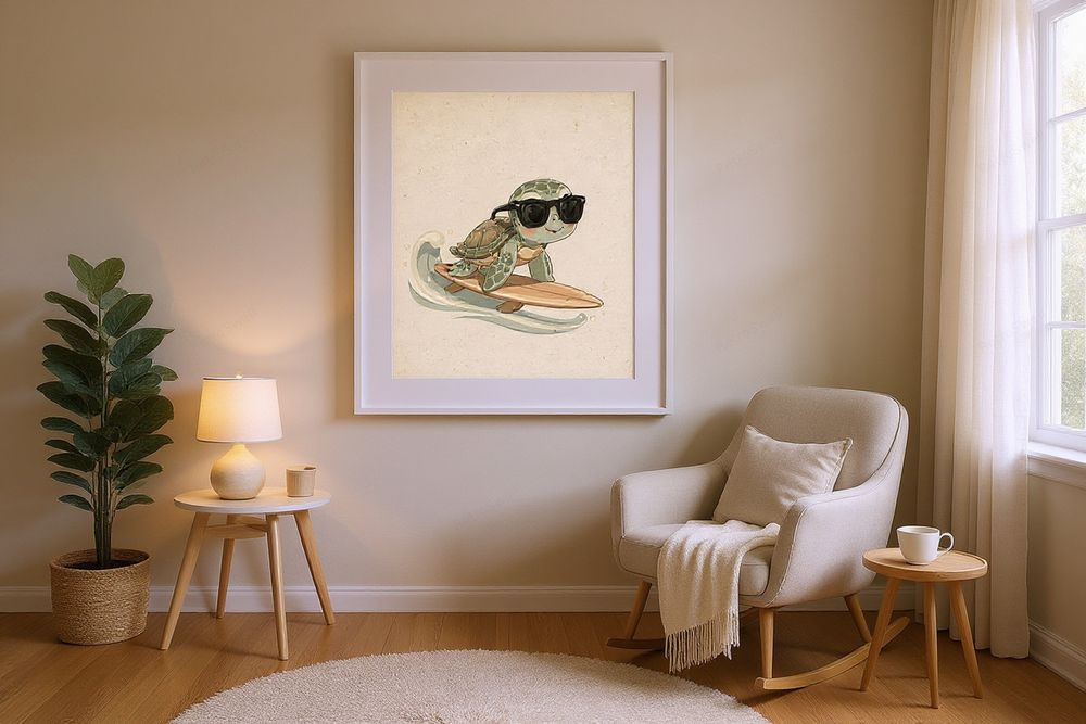 Sea Turtle Surfing Print — room mockup