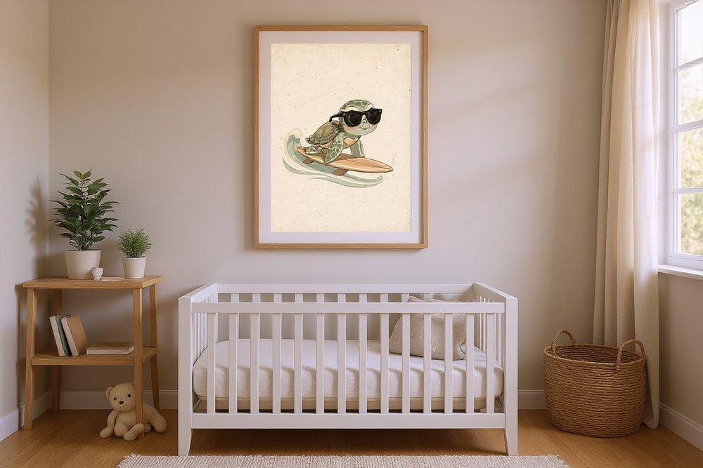 Sea Turtle Surfing Print — room mockup