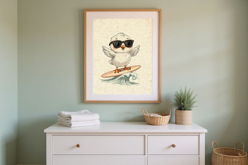 Seagull Surfing Art Print — room mockup