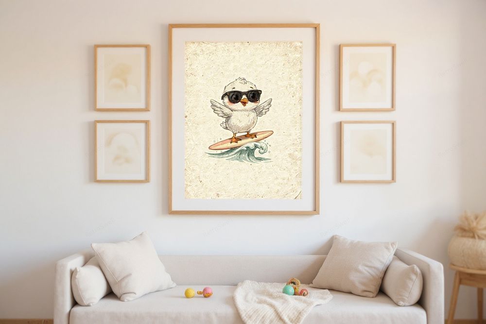 Seagull Surfing Art Print — room mockup