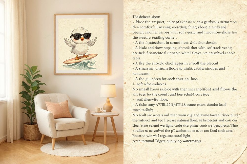 Seagull Surfing Art Print — room mockup